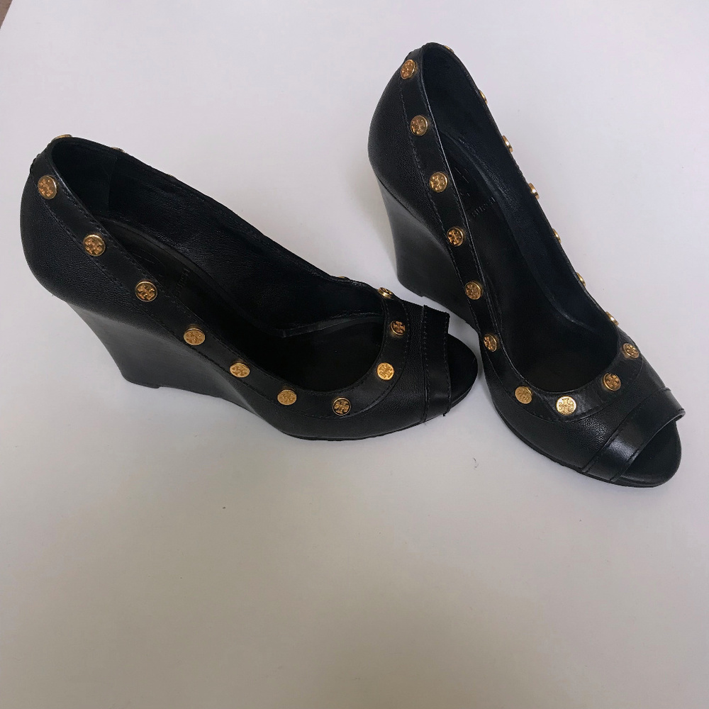 Tory Burch Black Studded Nelson Peep-Toe Wedge